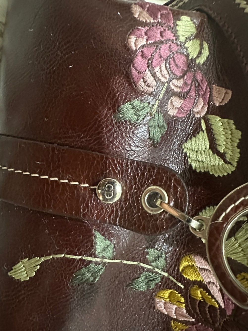 DIOR Burgundy -Dark Brown leather CD Bag with Pink & Green Floral Embroidery - Picture 3 of 14